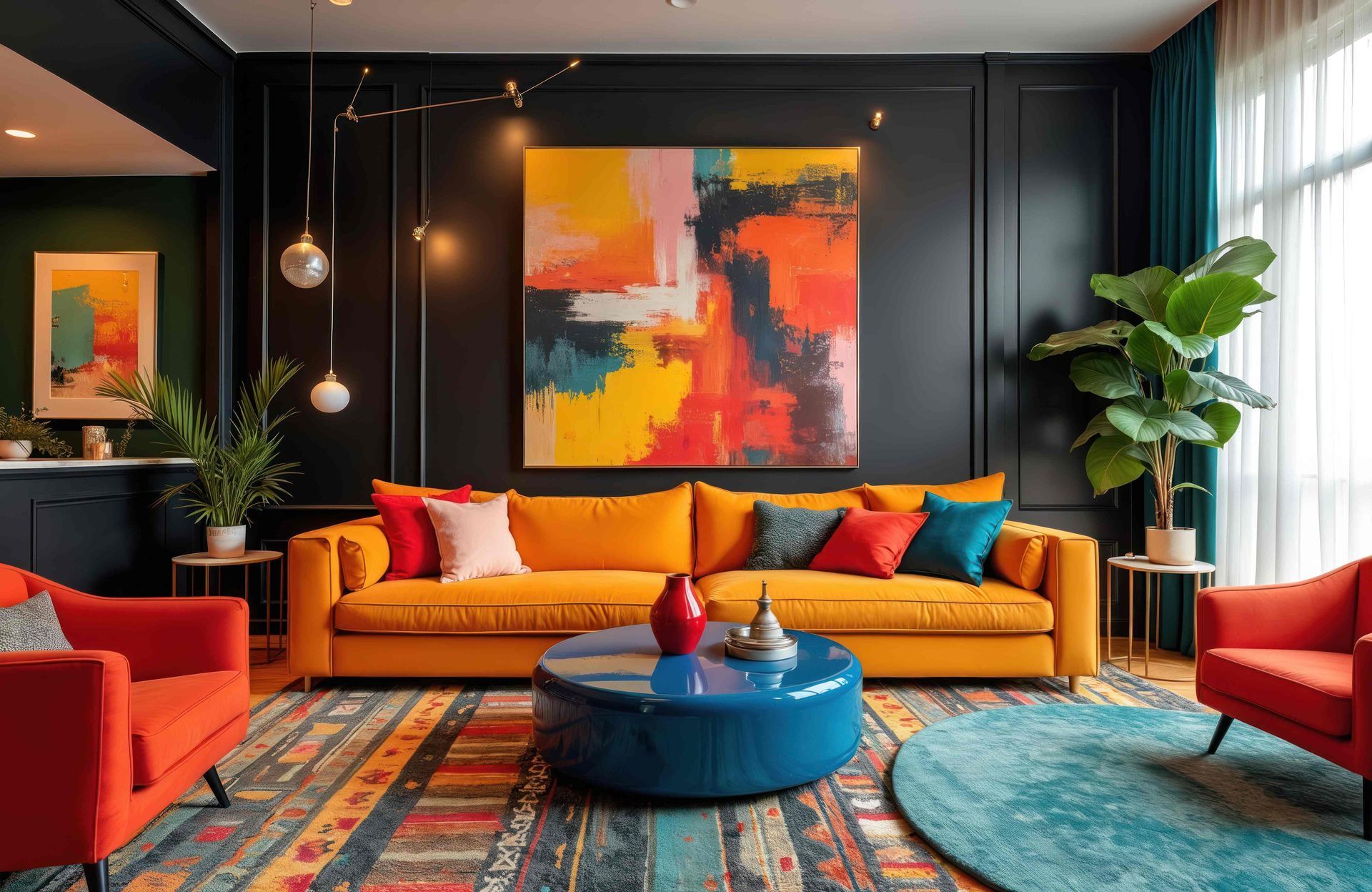 An eclectic living room in vibrant colors with large windows at Julie Muscato Home & Gifts near Lockport, New York (NY)
