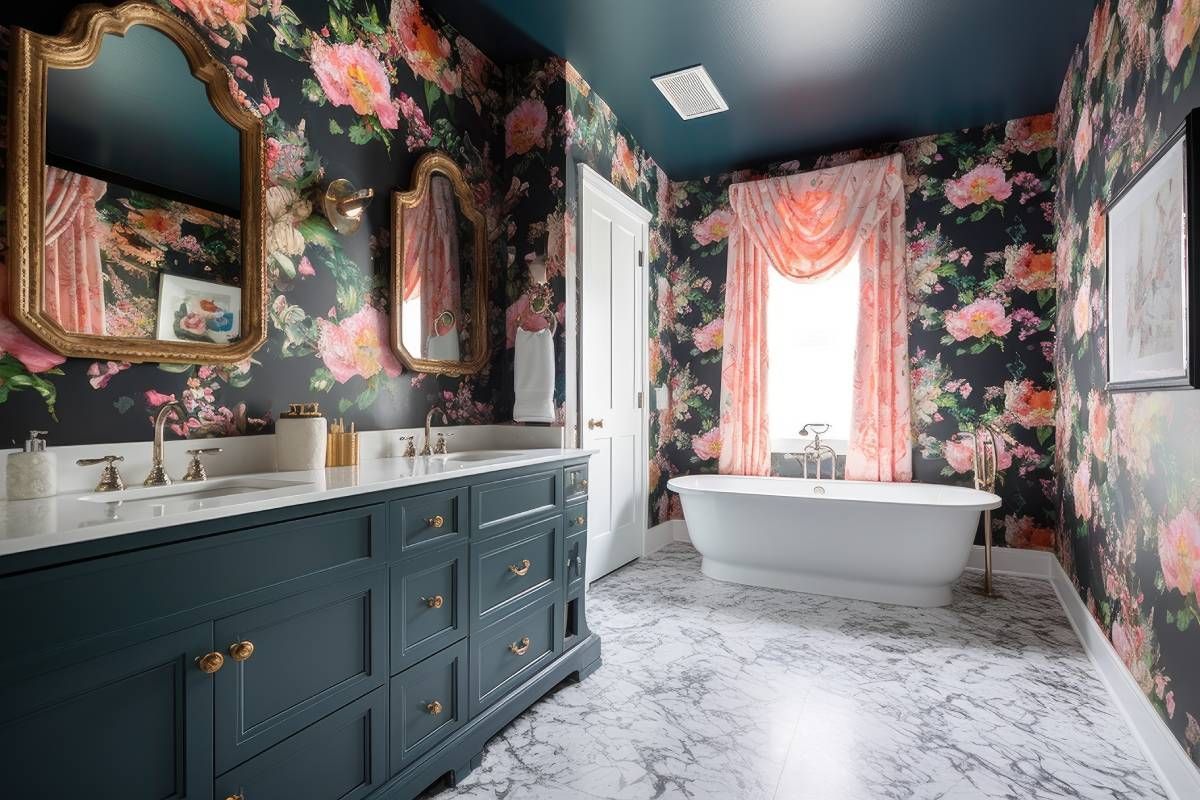 Floral wallpaper in a modern bathroom near Lockport, New York (NY)