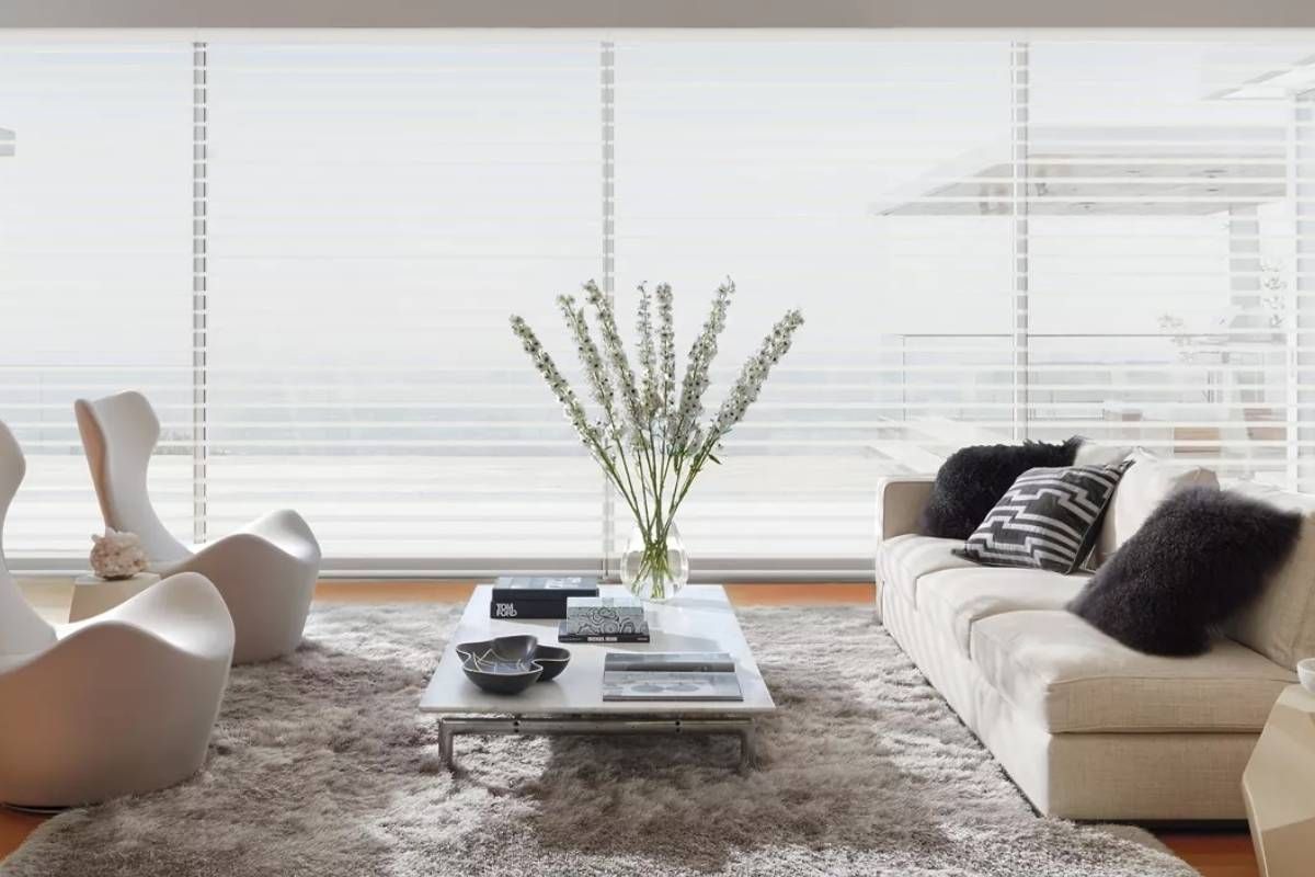 Hunter Douglas Silhouette® Sheer Shades on Wall to Wall Windows in a Living Room near Lockport, NY