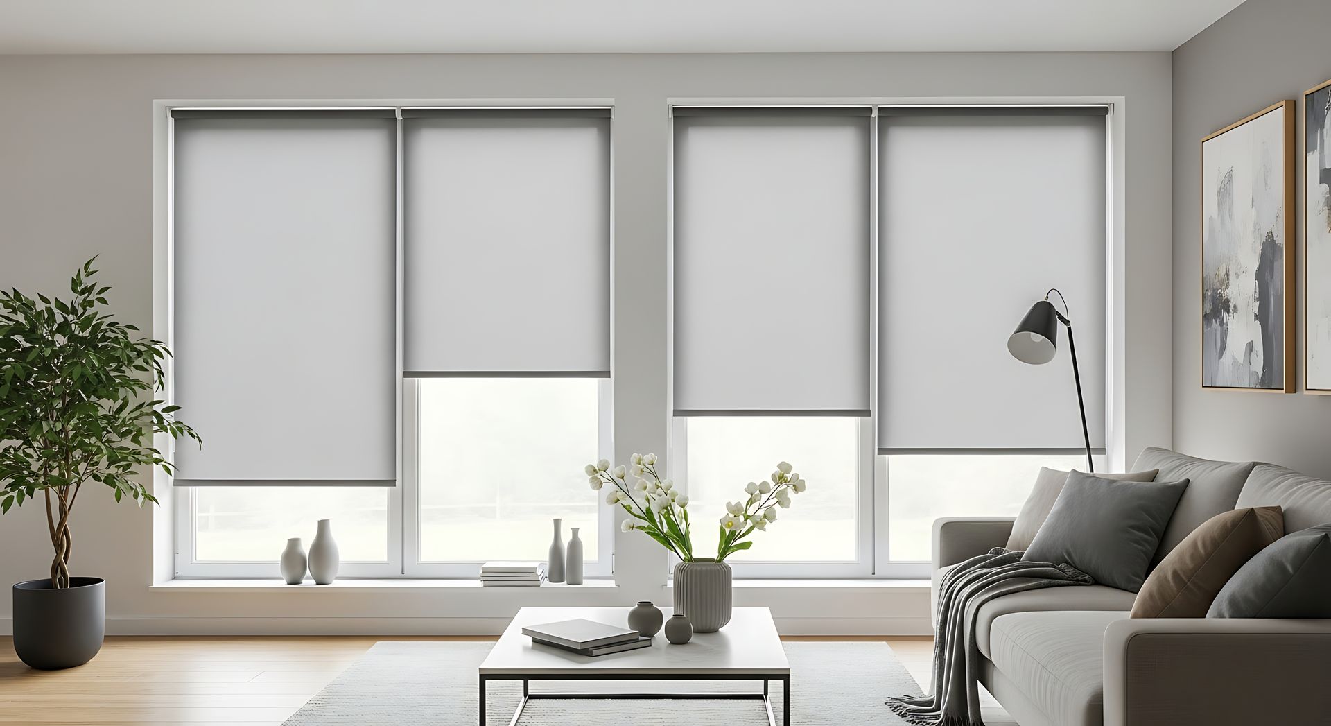 Roller shades in a modern living room