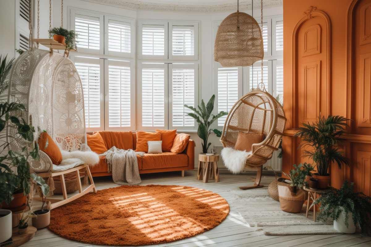 White interior window shutters in a boho chic orange living room near Lockport, NY