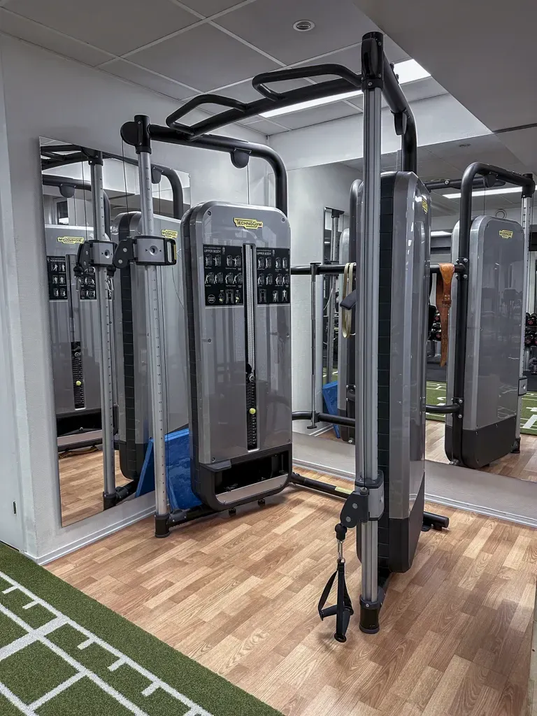 En grå Technogym-kabelmaskin står i et treningsstudio med tregulv og speil, med en innebygd pull-up-stang.