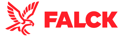 Rød falkelogo ved siden av ordet FALCK i rødt.