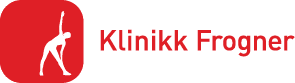 Logo for Klinik Froger. R&oslash;d bakgrunn med en hvit yogastilling og teksten &laquo;Klinikk Frogner&raquo; i r&oslash;dt.