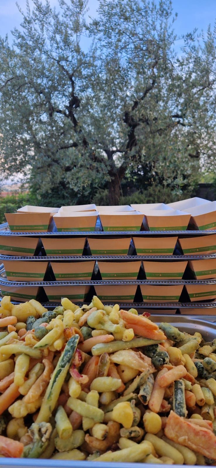 In primo piano un vassoio di pasta e verdure, con sullo sfondo tazze impilate e un ulivo all'aperto.
