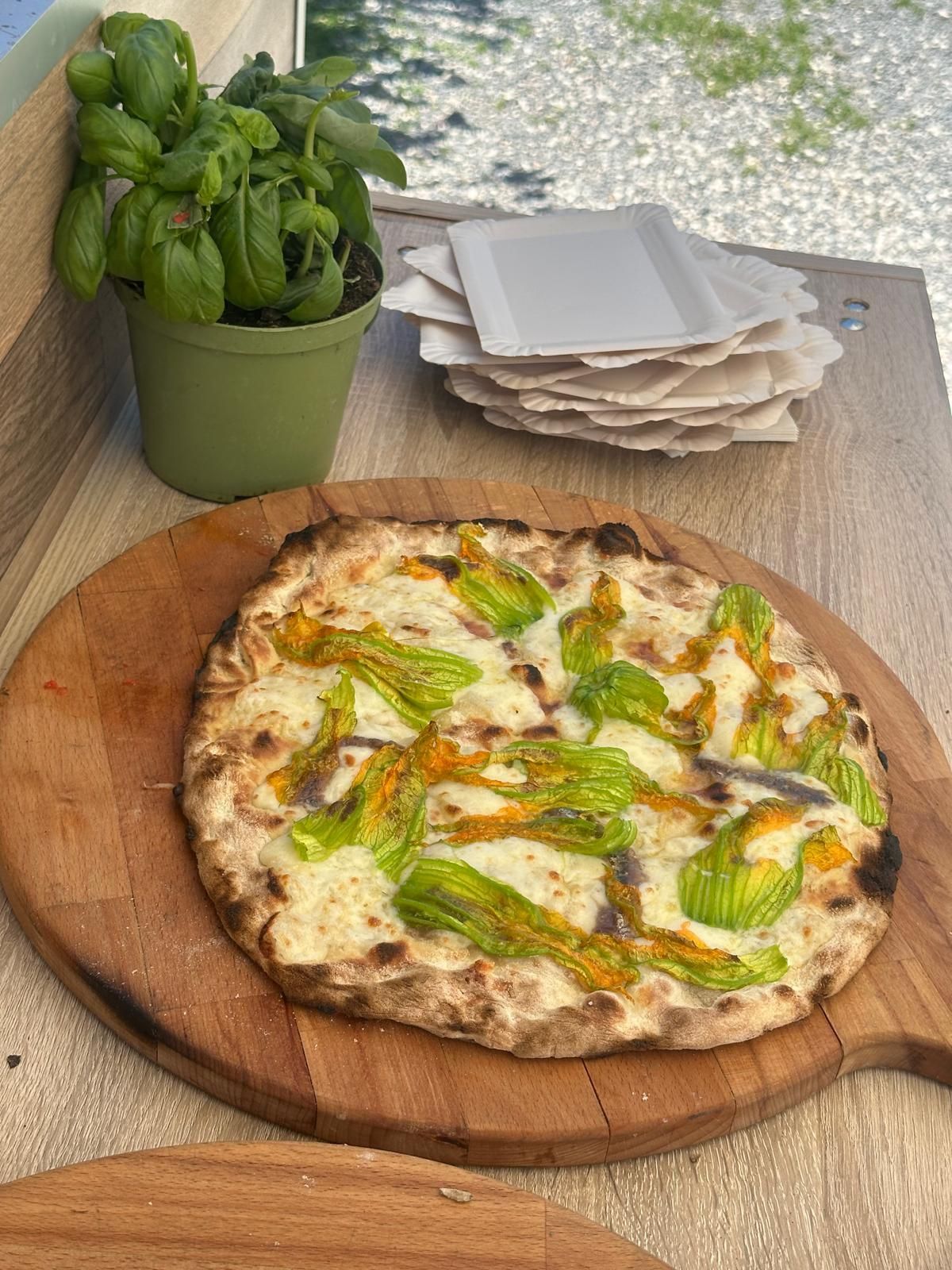 Pianta di basilico accanto a una pizza rustica condita con formaggio e verdure su un tagliere di legno.
