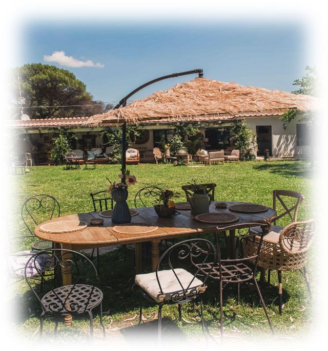 Dehor esterno di un caffè con tavoli e sedie rustici su un prato verde, sotto un tetto di paglia in un giardino soleggiato.