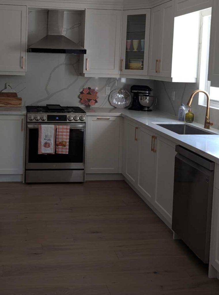 Kitchen with white cabinets, stainless steel appliances, and wood floors.