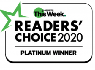 Readers' Choice 2020 Platinum Winner badge from Clarington This Week. Green star and black text on white.