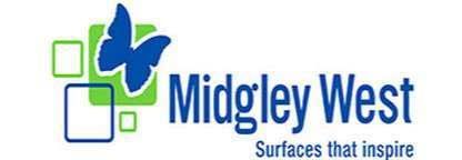 Logo for Midgley West with a blue butterfly, squares, and text 