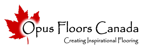 Logo for Opus Floors Canada with a red maple leaf, text 