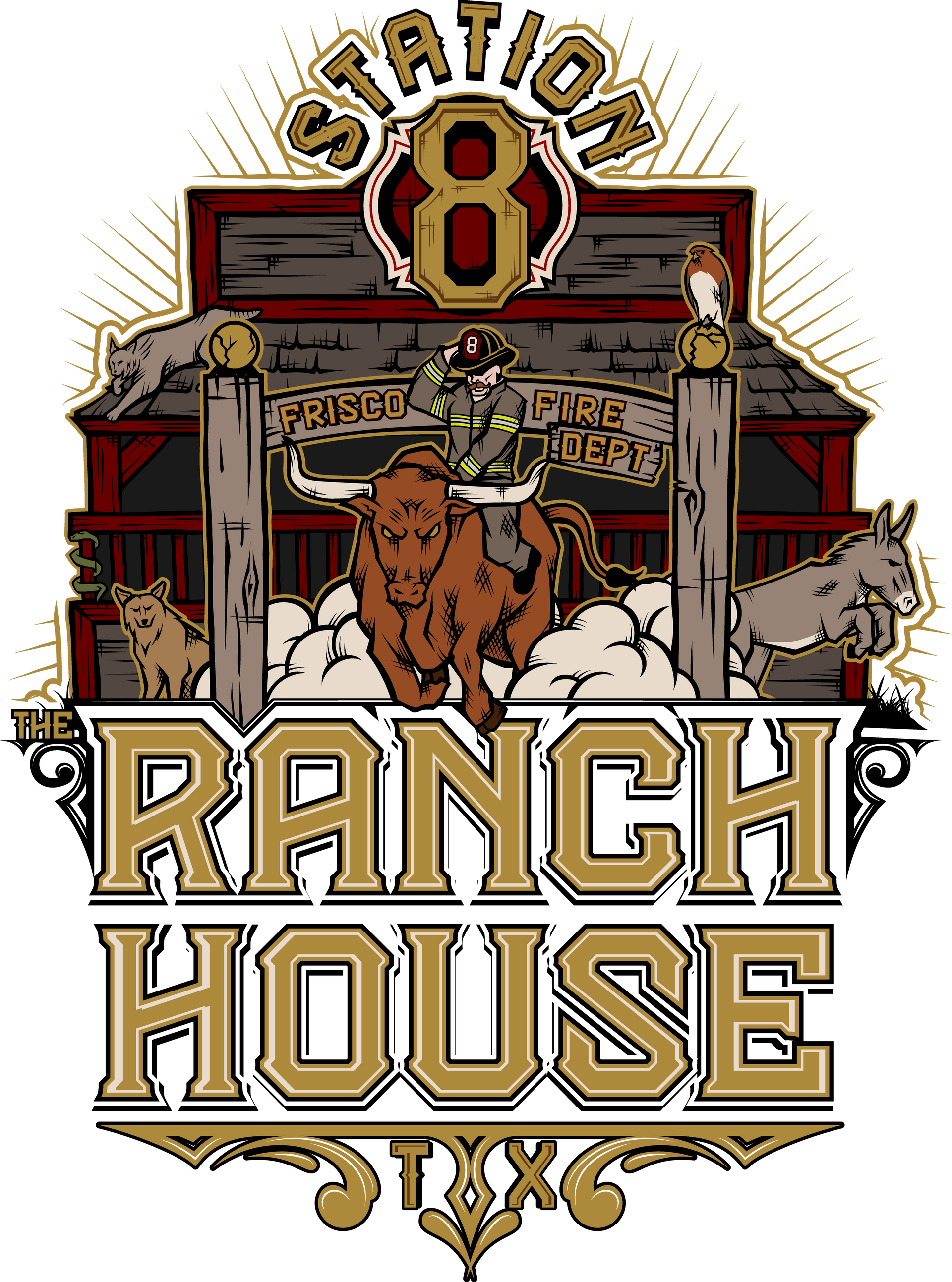 A logo for station 8 ranch house with a cowboy riding a bull.