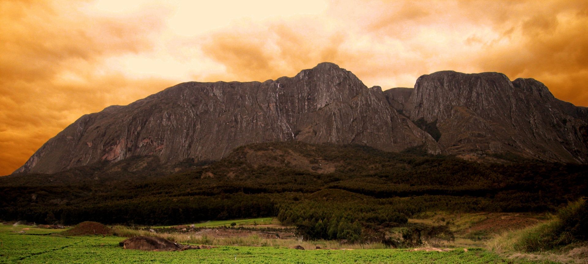 A mountain surrounded by trees and grass with a cloudy sky in the background.