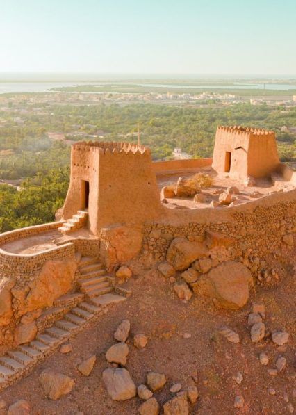 An aerial view of a castle on top of a rocky hill.