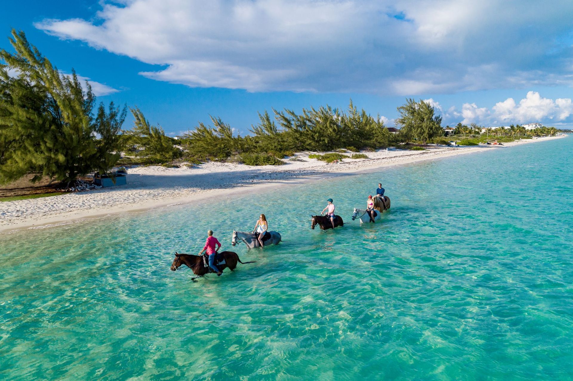 A group of people are riding horses in the ocean.