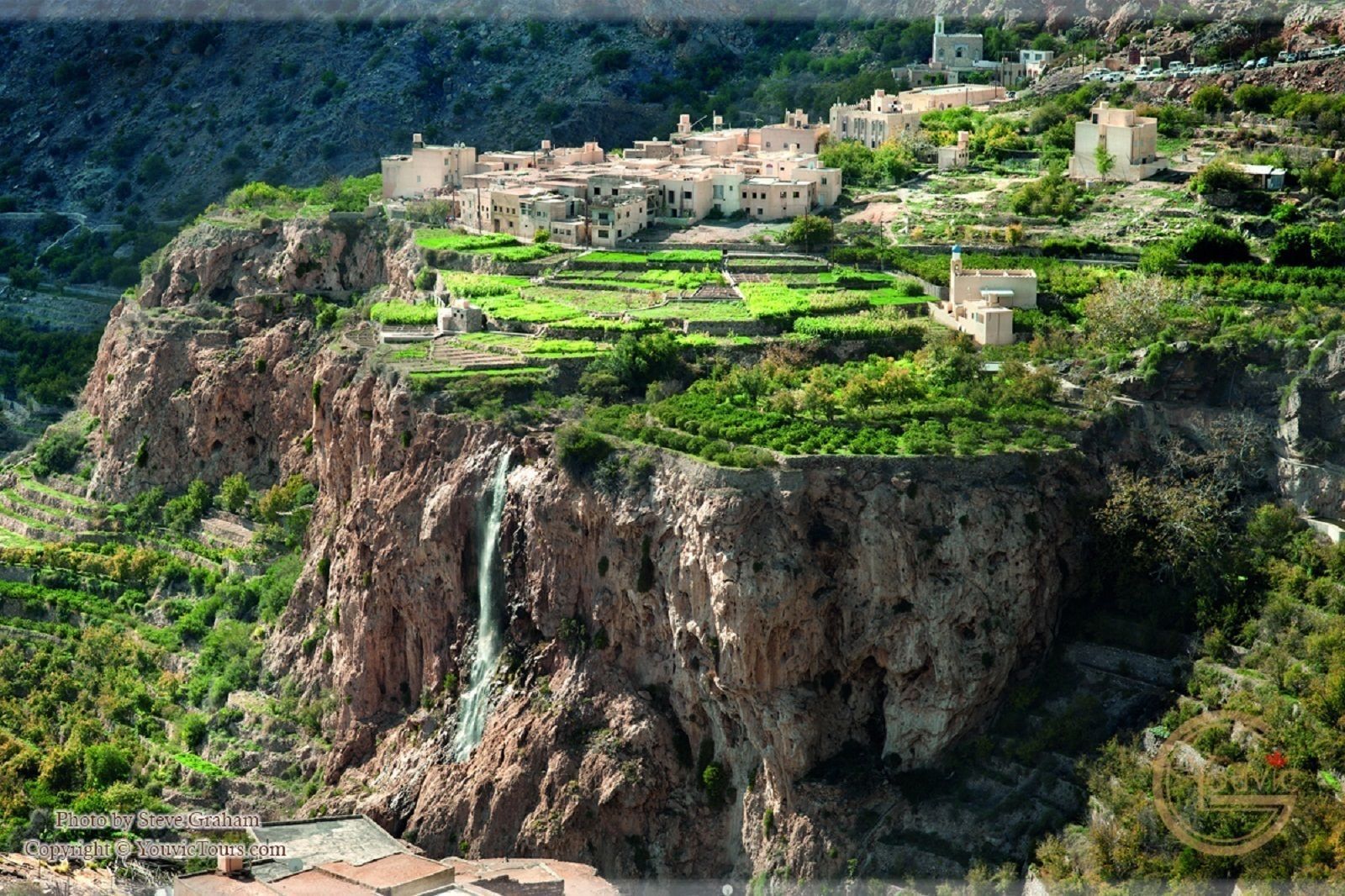 An aerial view of a village on top of a mountain