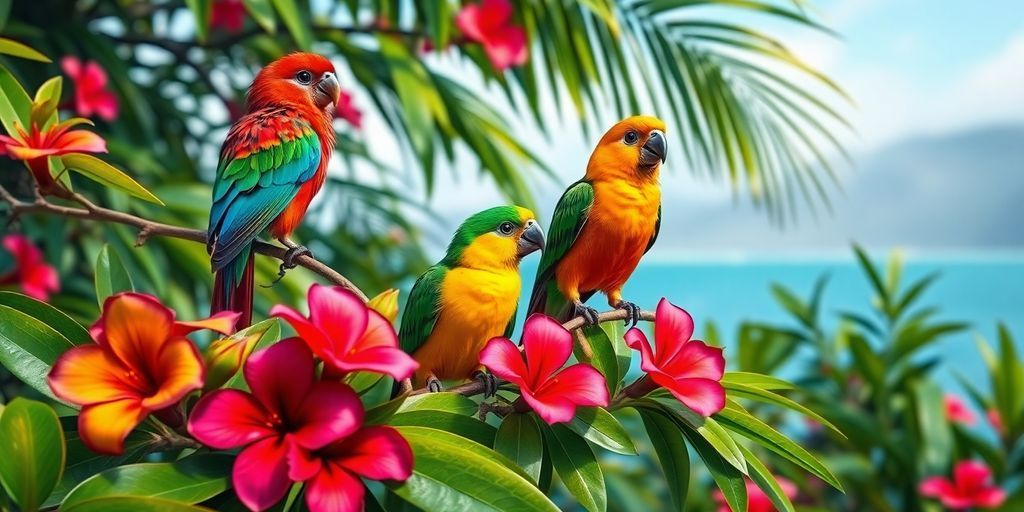 Three colorful birds are perched on a branch of a tree.