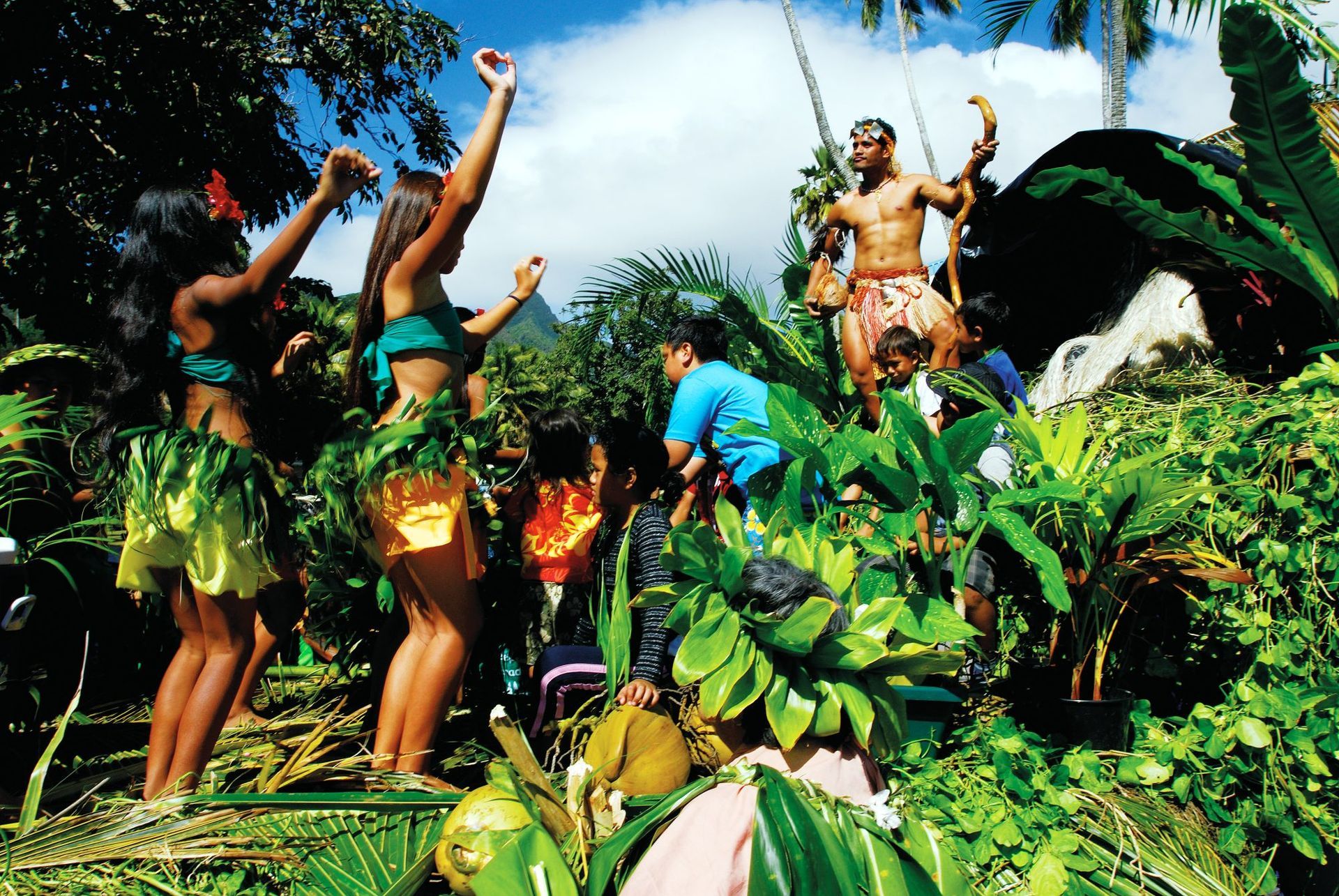 A group of people are dancing in the jungle