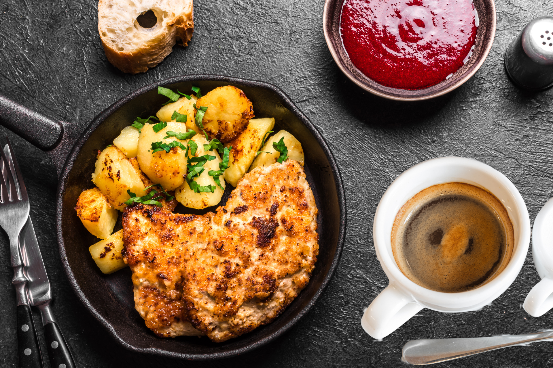 A plate of food with a cup of coffee on a table.