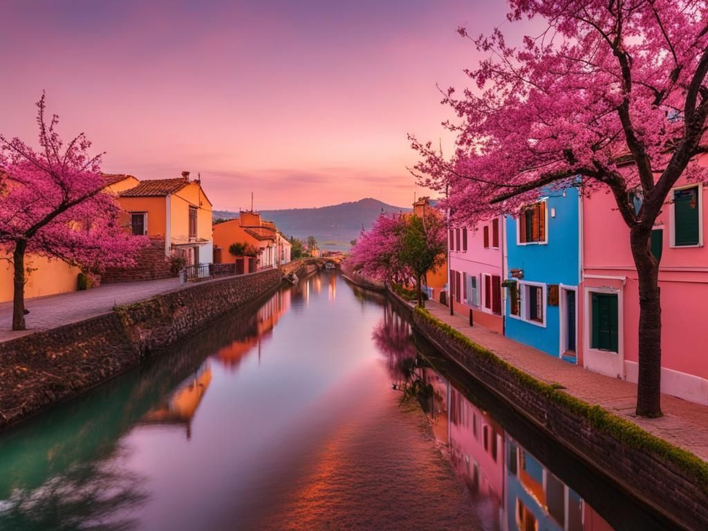 A row of colorful houses along a river with pink flowers on the trees.