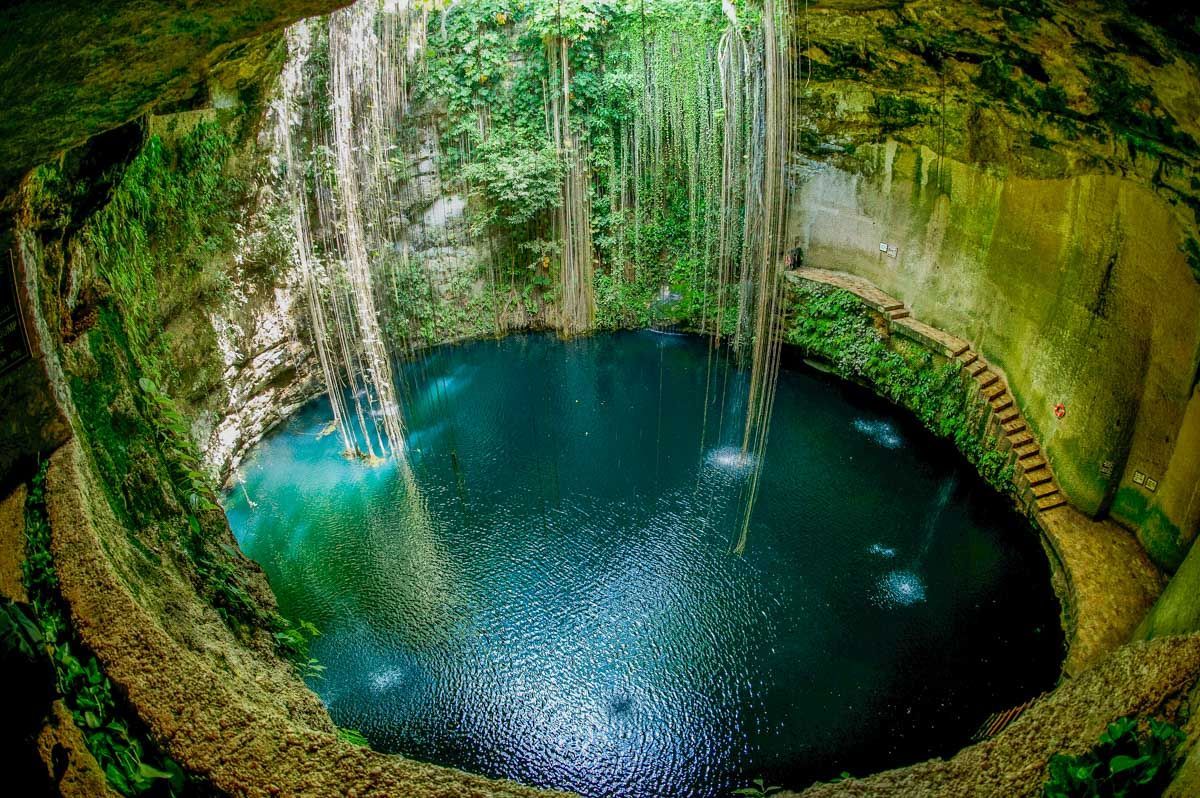 There is a large pool of water in the middle of a cave surrounded by trees.