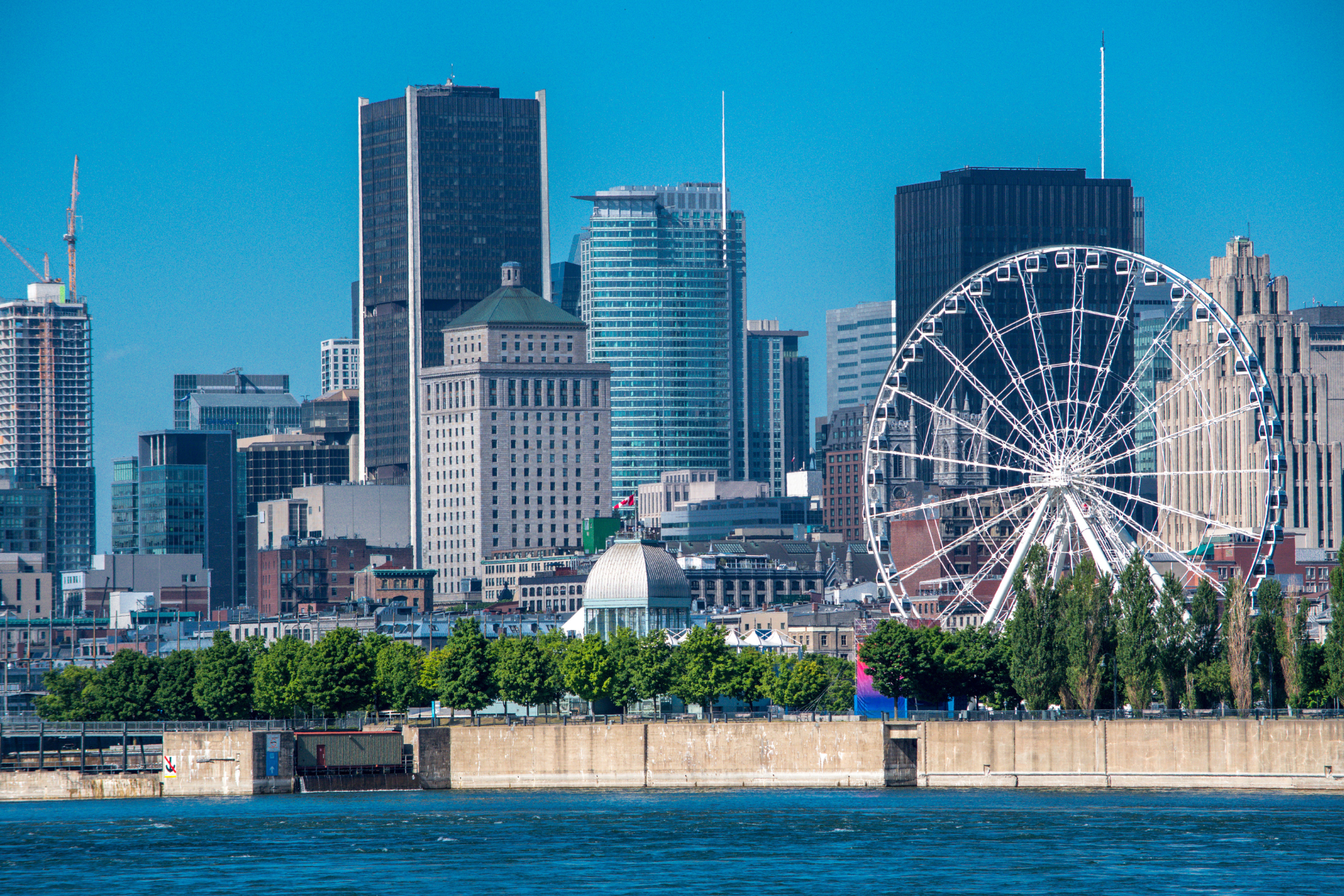 A city skyline with a ferris wheel in the foreground.