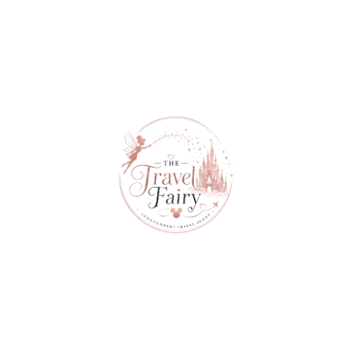 A red label with a gold airplane and the words `` the travel fairy '' written on it.