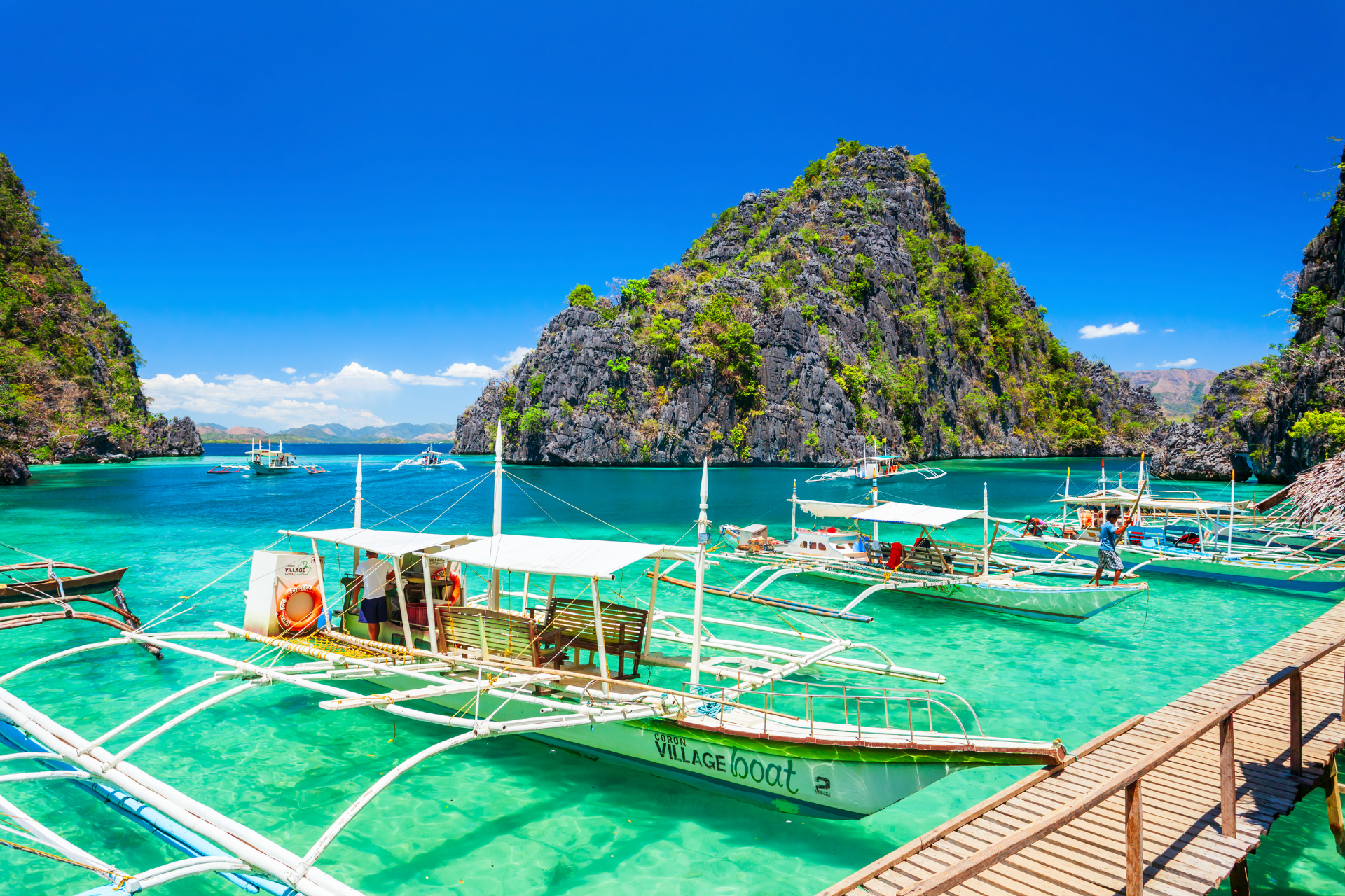 A group of boats are docked at a dock in a tropical island.