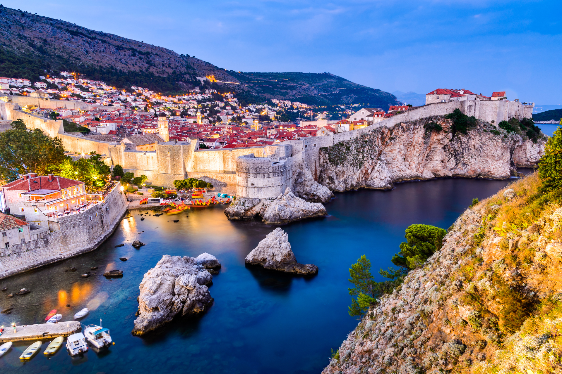 A view of a city from a cliff overlooking a body of water.