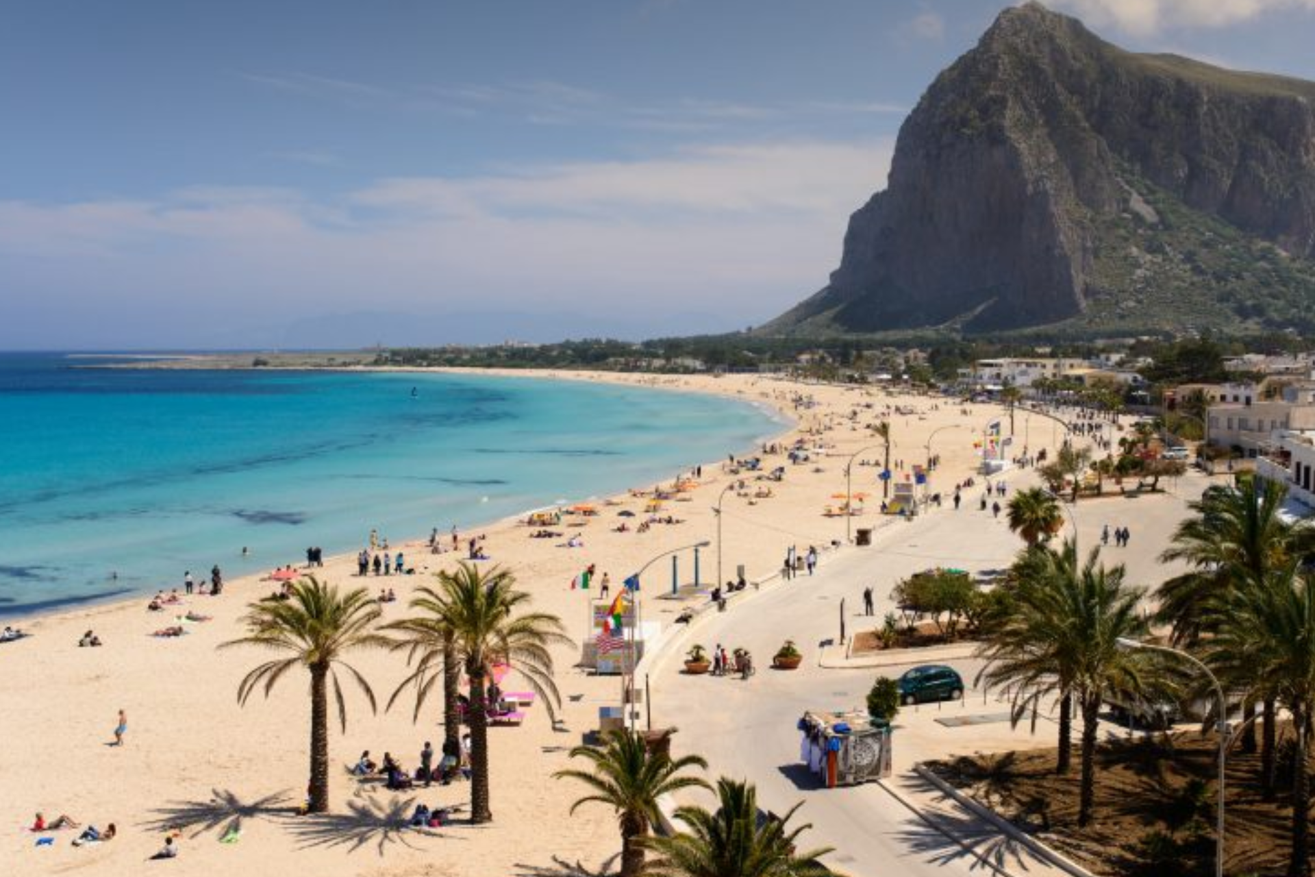 A beach with palm trees and a mountain in the background