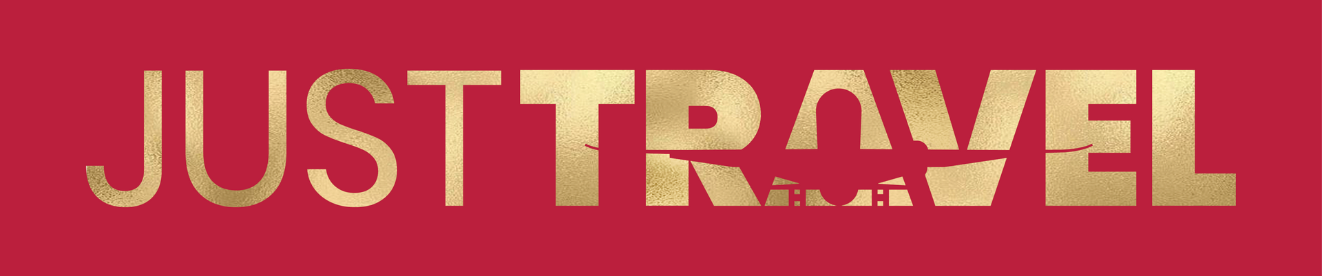 The word just travel is written in gold letters on a red background.