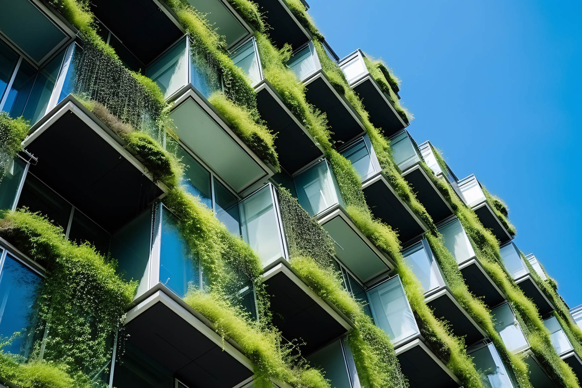 A building with lots of windows and balconies covered in greenery.