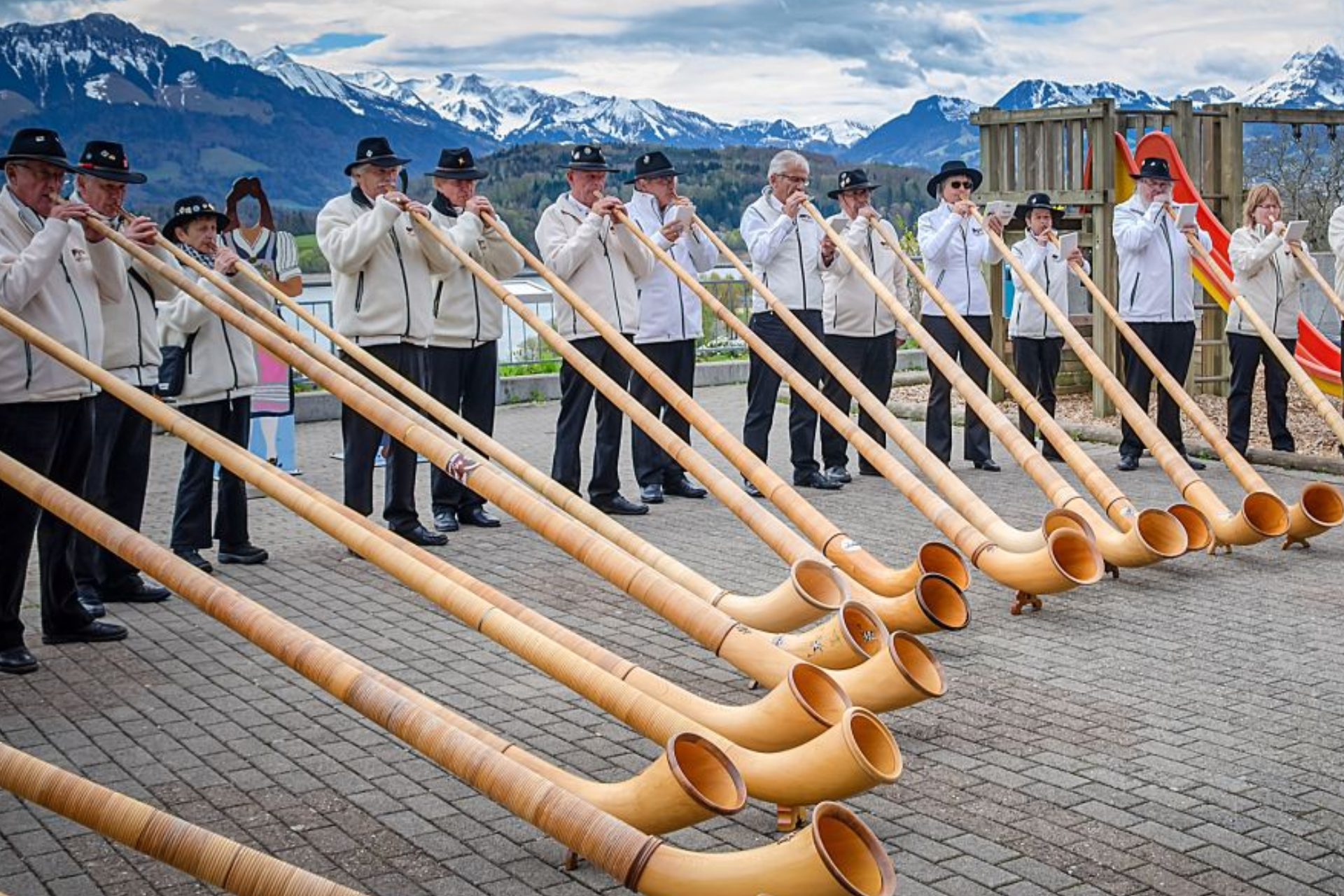 A group of men are playing horns in a row.