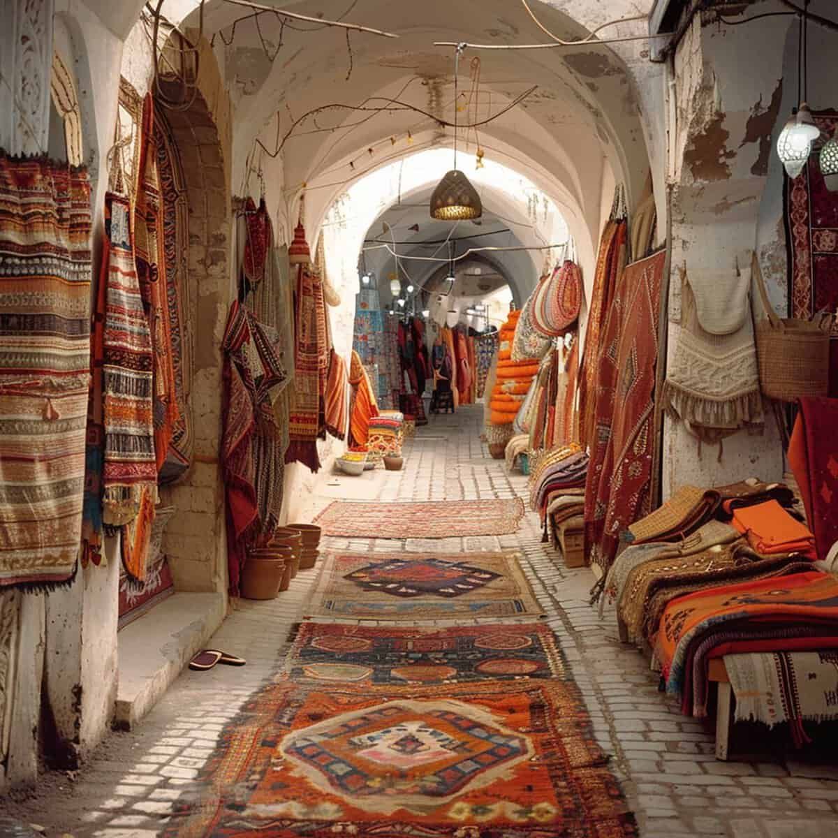 A long hallway filled with lots of rugs and blankets.