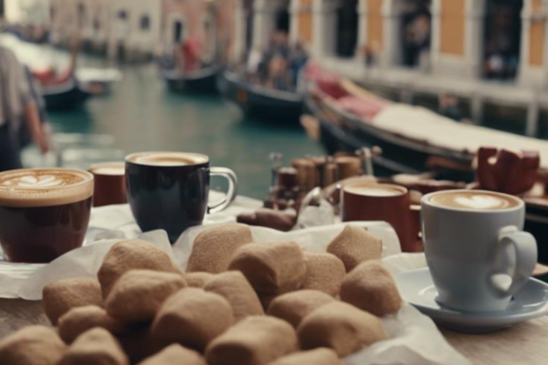 Three cups of coffee and a basket of truffles on a table with boats in the background