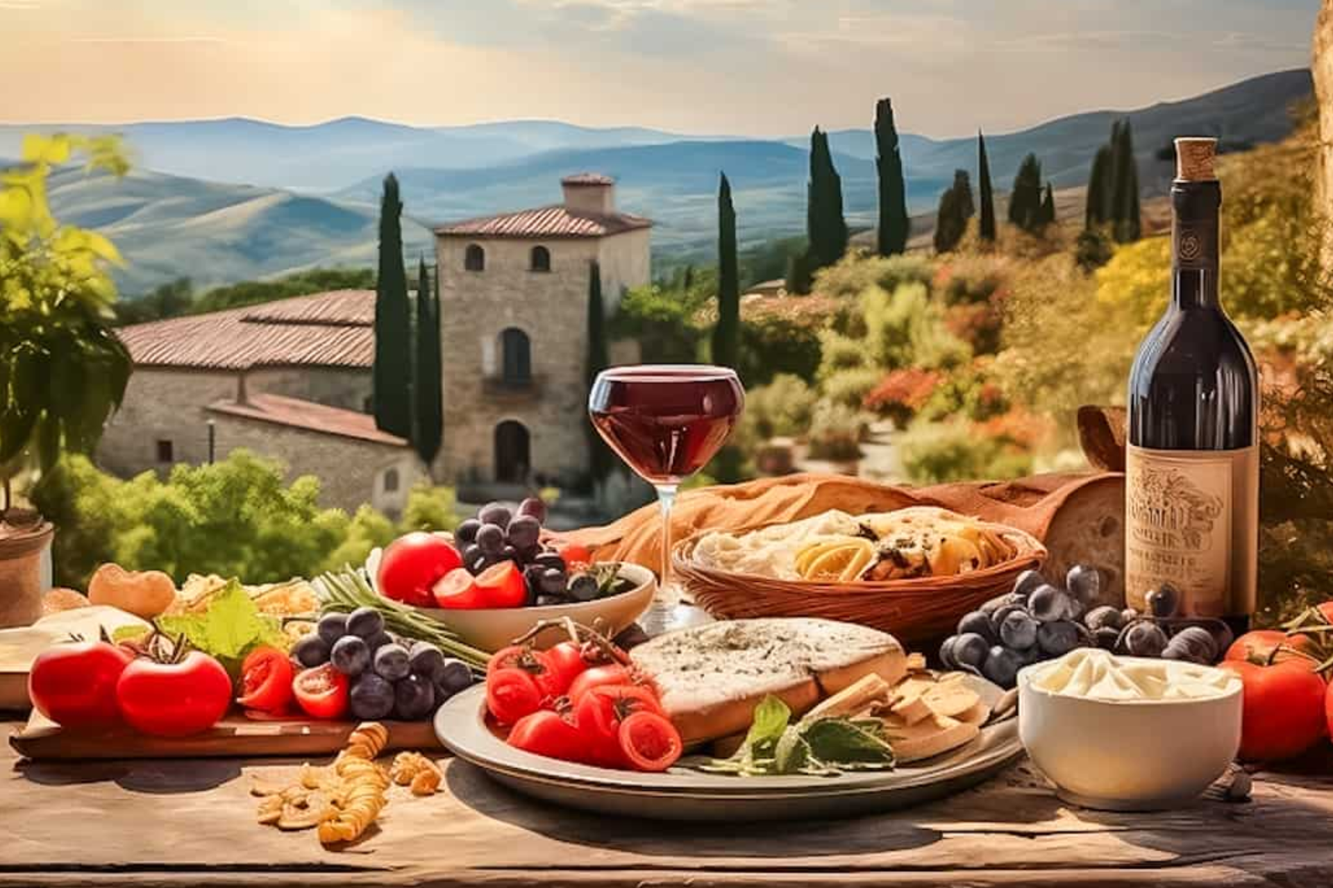 A table topped with a variety of food and a bottle of wine.