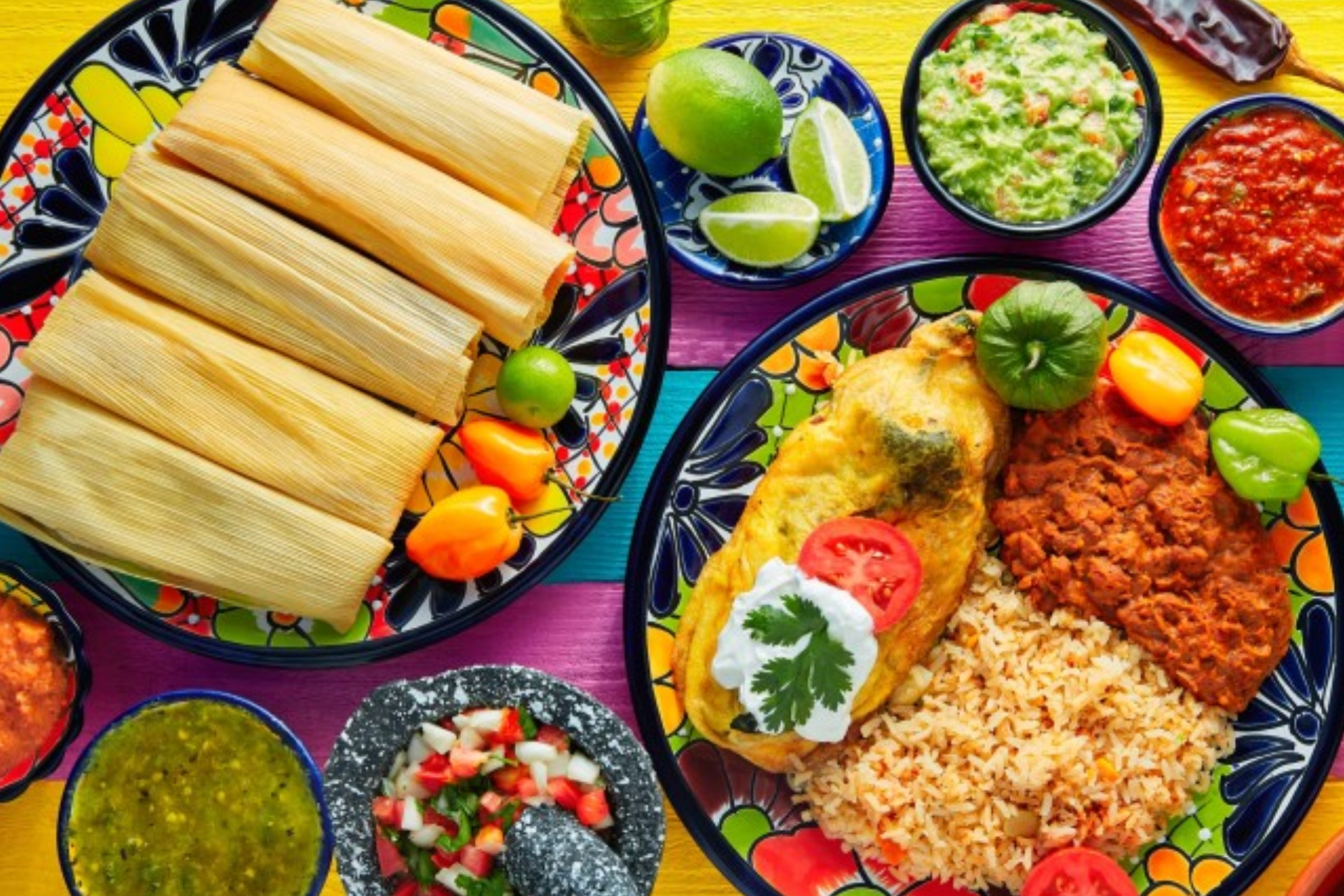 There are many different types of mexican food on the table.