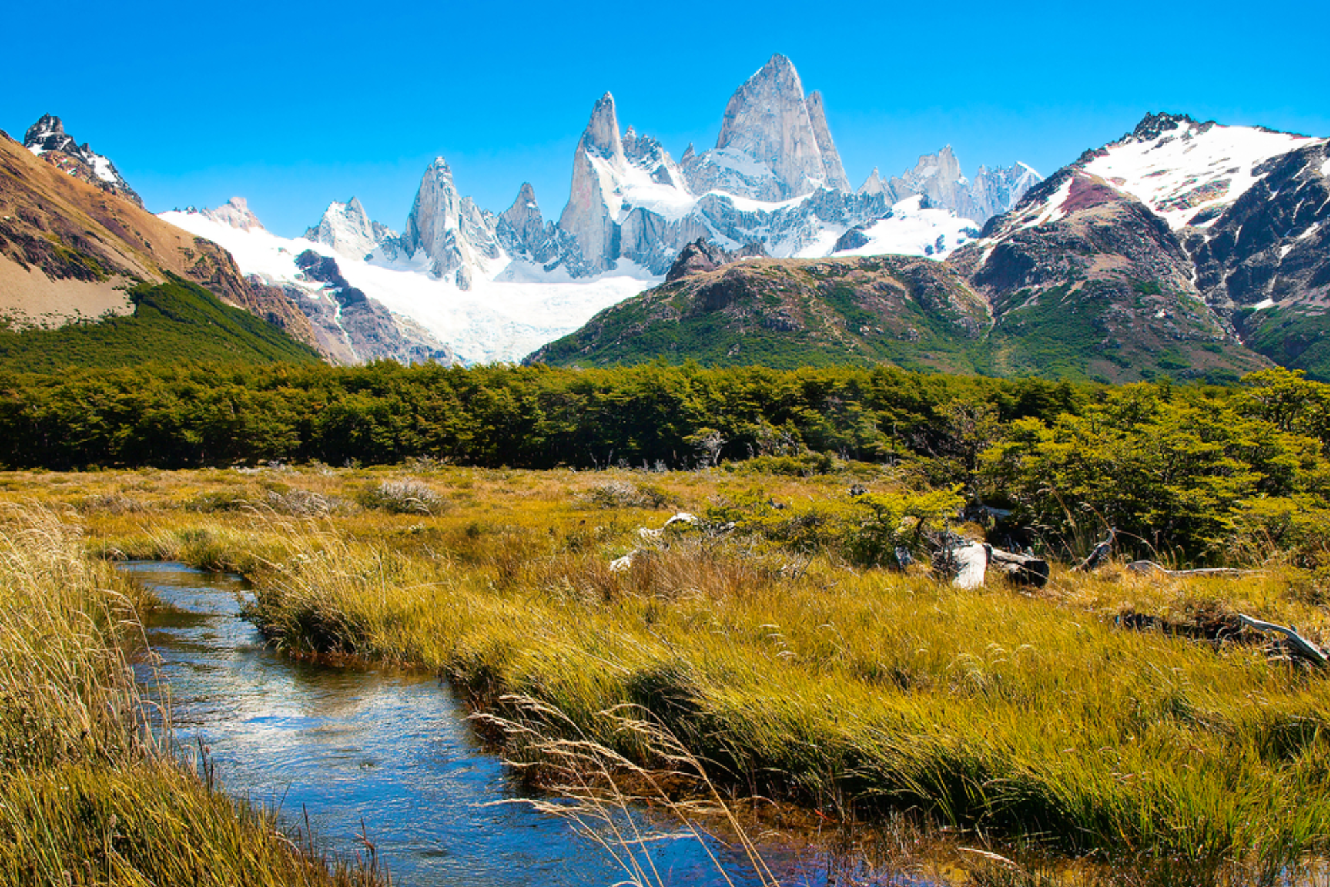 A river running through a grassy field with mountains in the background.