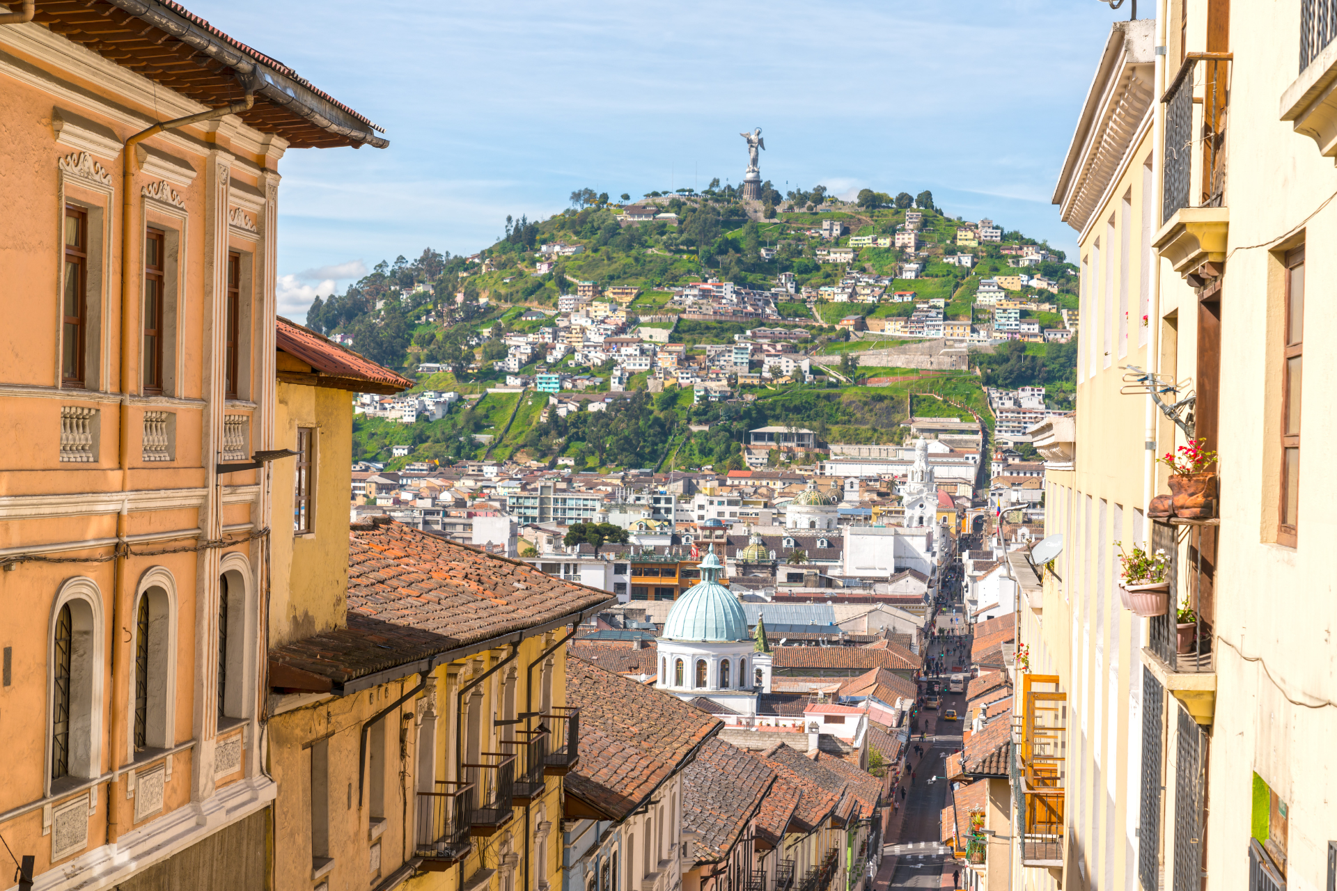 An aerial view of a city with a mountain in the background.