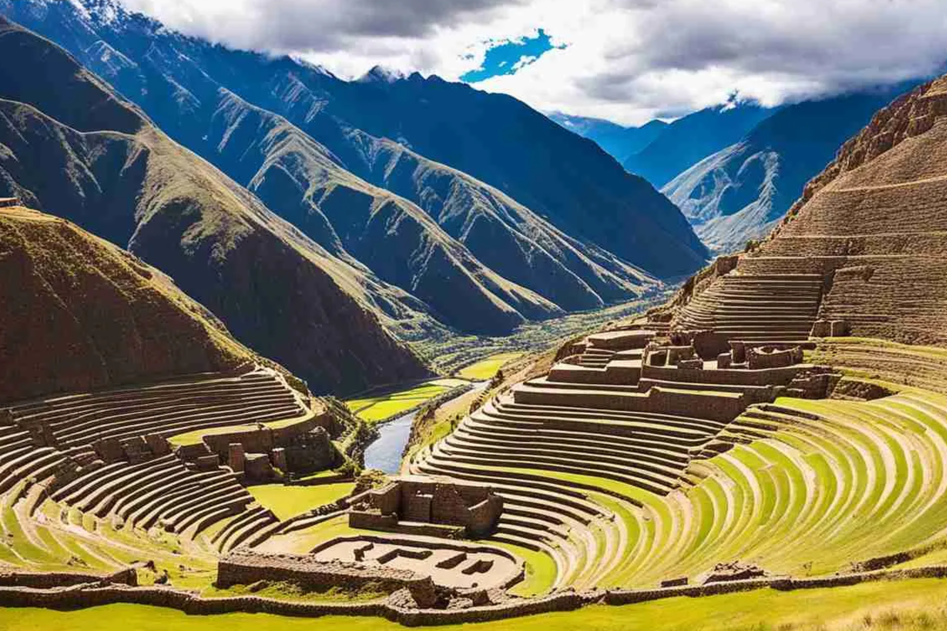 A valley with mountains in the background and a river running through it