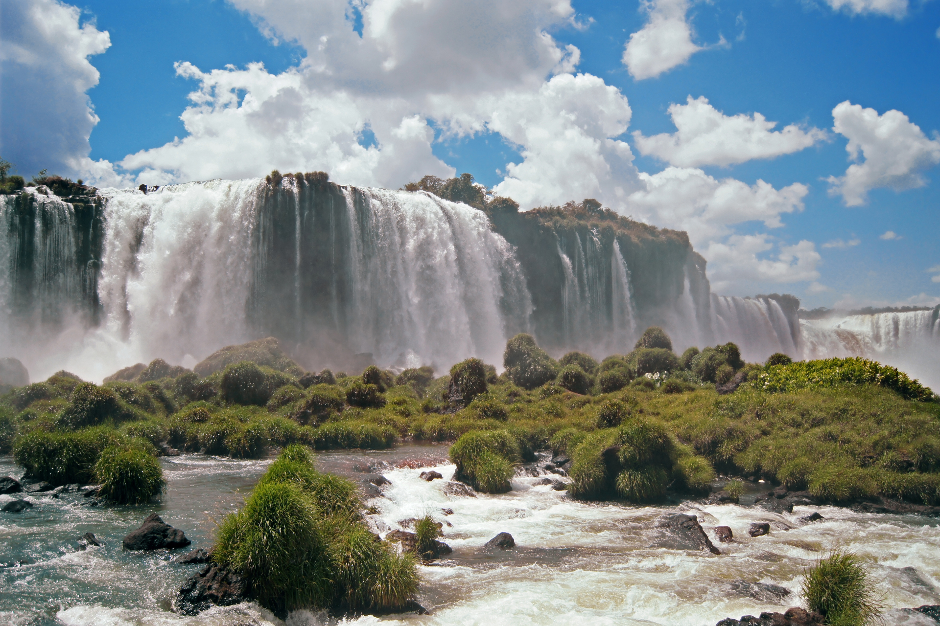 A waterfall is surrounded by trees and a river