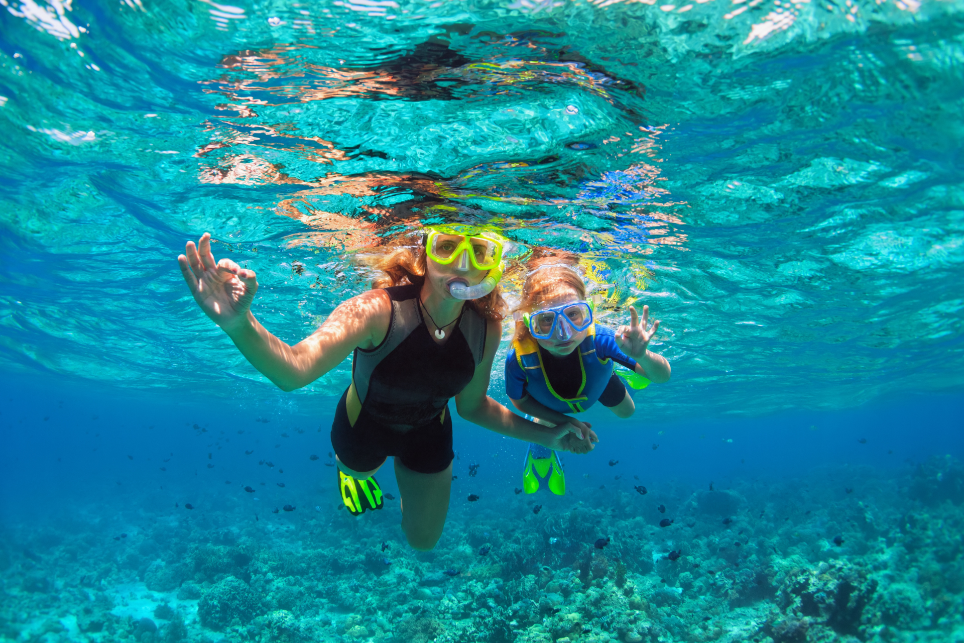 A woman and a child are swimming underwater in the ocean.