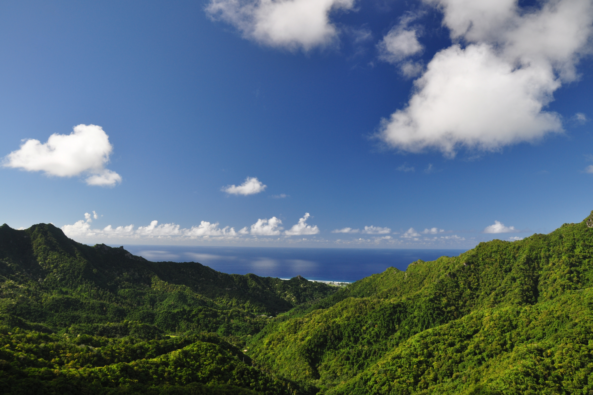 A view of a lush green mountain range with the ocean in the background.