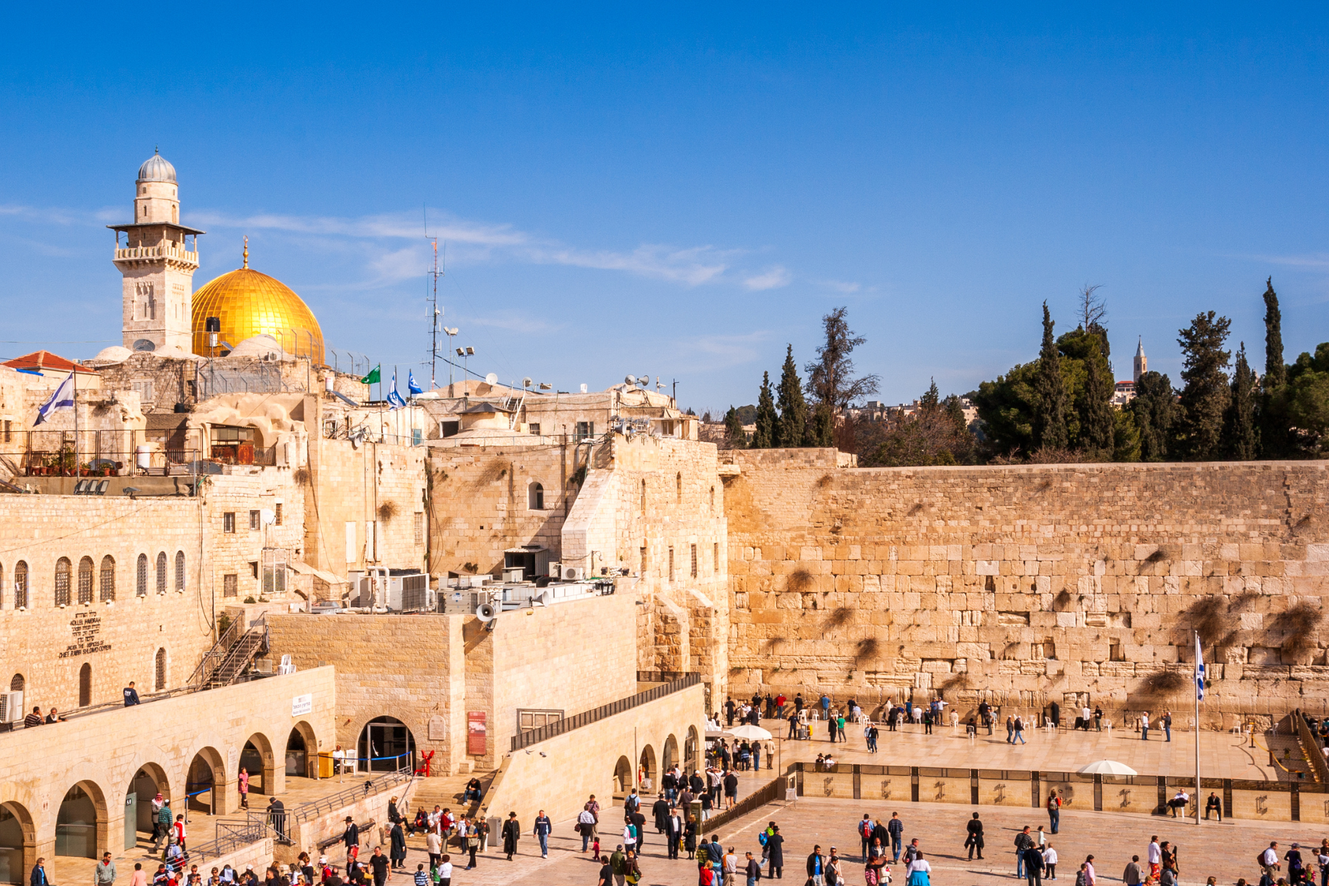 A group of people are standing in front of a wall in a city.