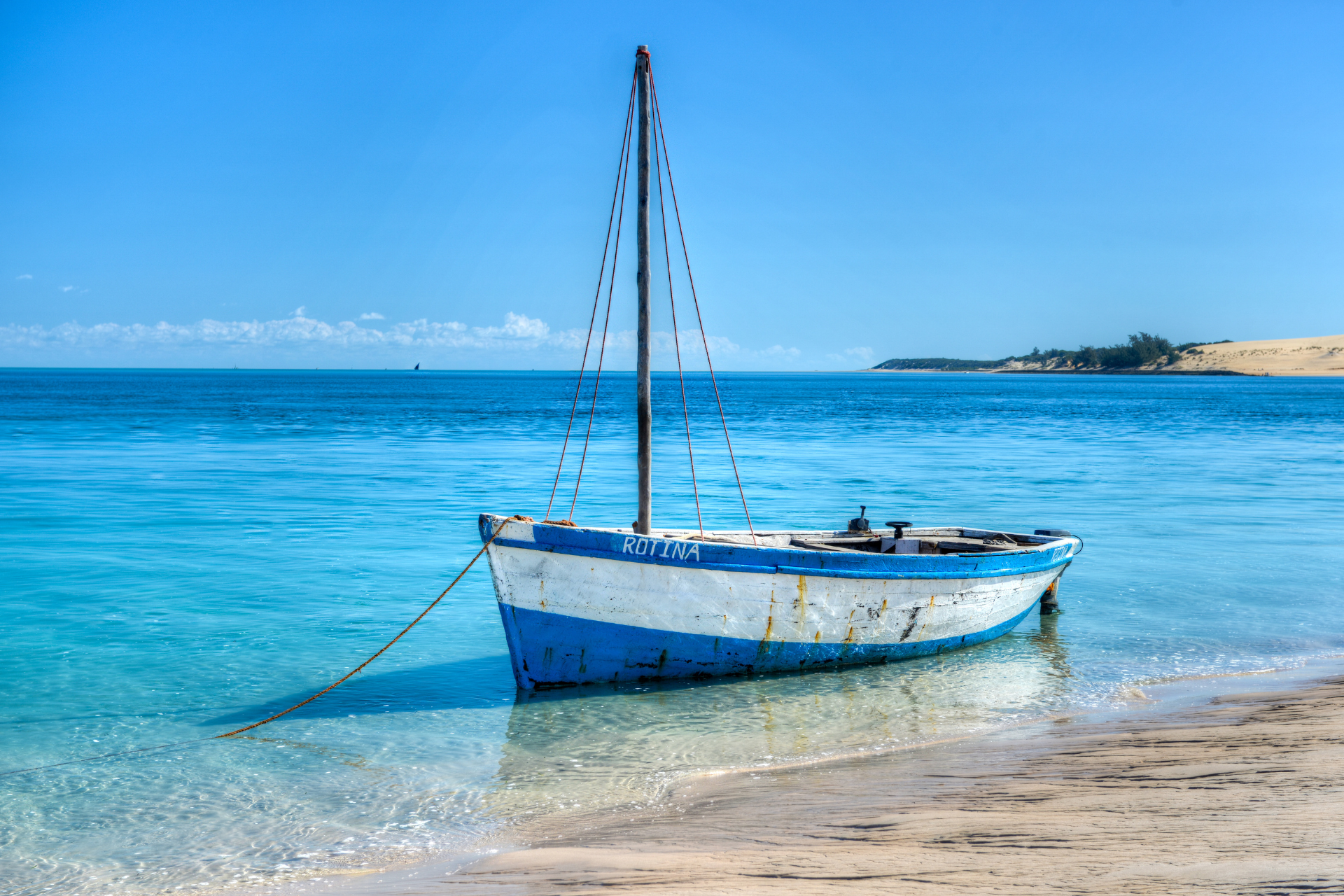 A blue and white boat is tied to the shore of a beach.