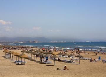 A beach filled with umbrellas and chairs on a sunny day.