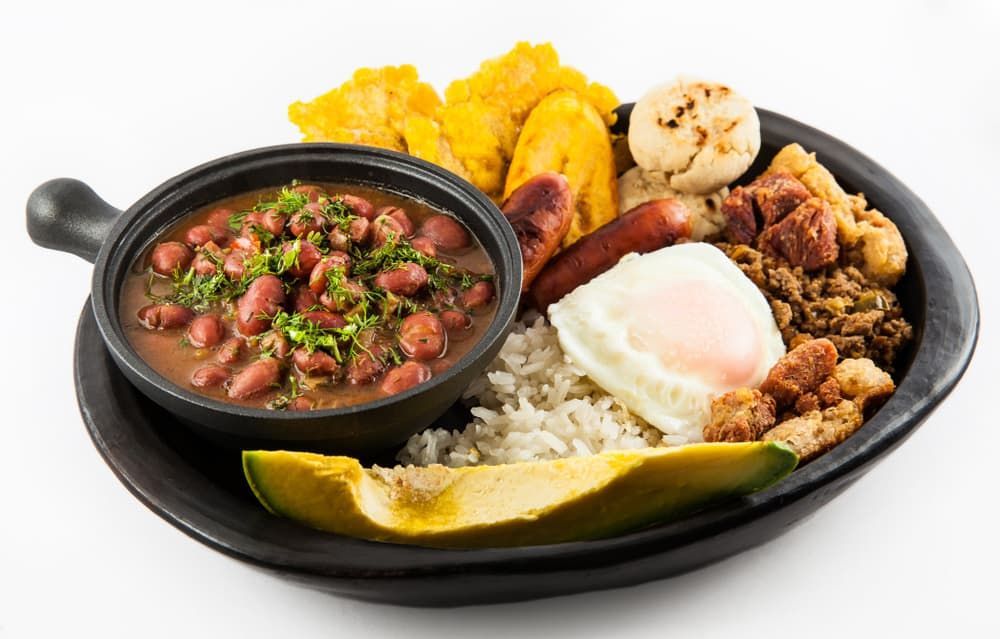 A plate of food with beans , rice , eggs , bananas , and avocado on a white background.