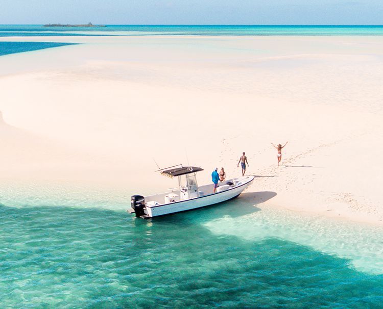 An aerial view of a boat on a sandy island in the ocean.