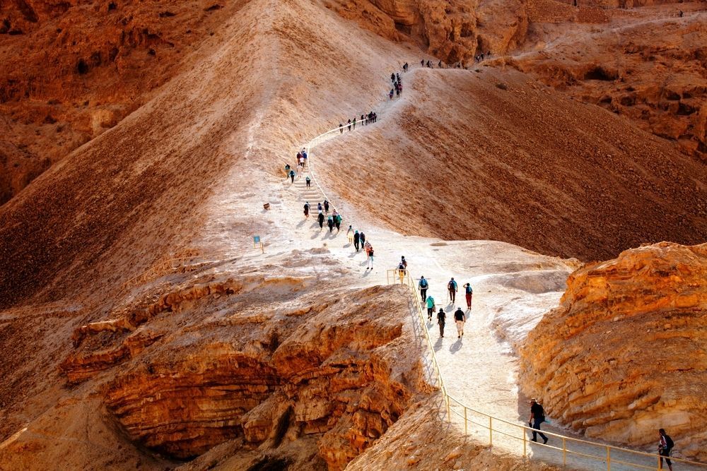 A group of people are walking down a dirt road in the desert.