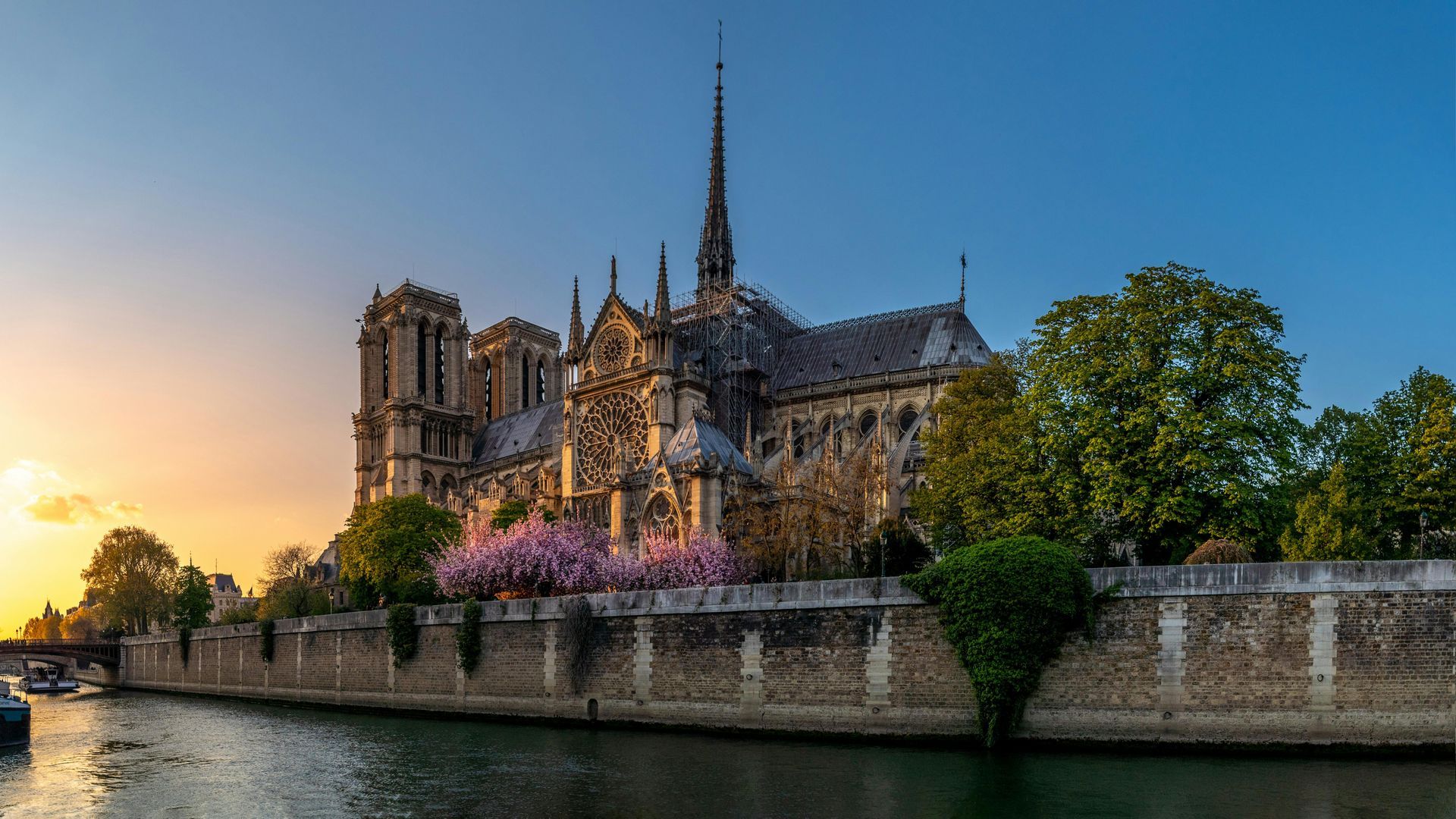 The notre dame cathedral is surrounded by trees and a river at sunset.